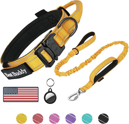 AUBELL Tactical Dog Collar and Leash Set, Reflective Adjustable Heavy Duty Military K9 Collars with Handle and Metal Buckle for Medium Dogs, with Airtag Case and 2 Patches(Yellow,M)