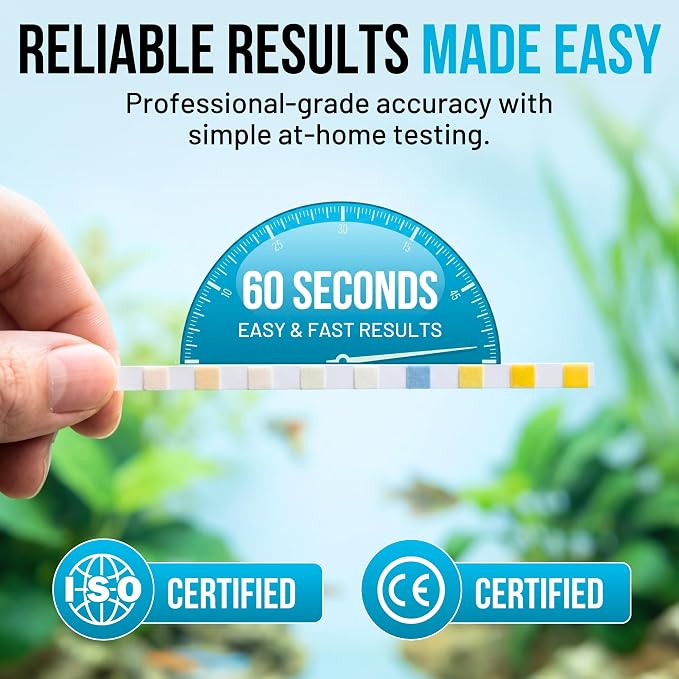 9-In-1 Aquarium Test Strips – 100 Strips for Freshwater & Saltwater | Tests pH, Nitrate, Nitrite, Hardness, Chlorine, Copper, Iron, Carbonate & Alkalinity | Fast Results for Fish Tank & Reef Aquariums