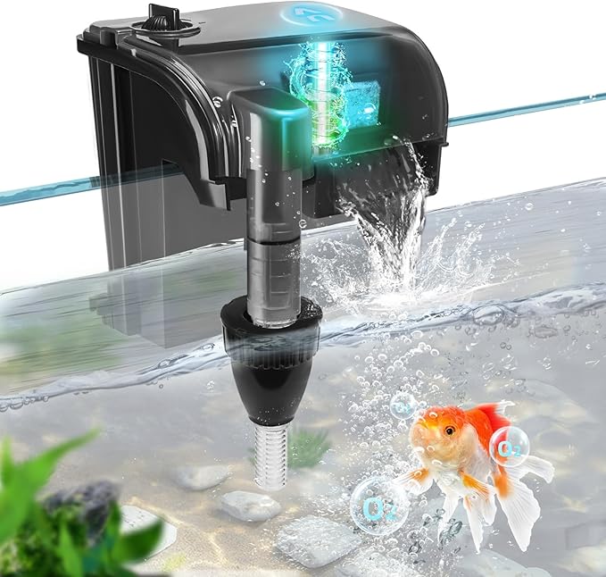 Hang on Back Aquarium Filter 158GPH for 10-40 Gal. Fish Tank, w/ Detachable U-V Light &Surface Skimmer, 4-Stage Suspension Oxygen Deodorization Saltwater Freshwater Crystal Clear Green Clean Machine