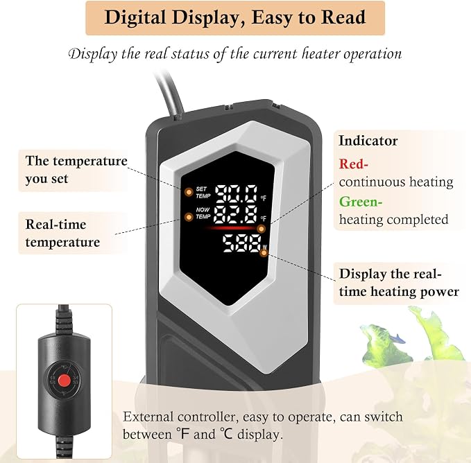HITOP 600W Titanium Aquarium Heater: Digital Fish Tank Heater with External Controller, Submersible Aquarium Heater with Over-Temperature Protection for Saltwater and Freshwater 75-150Gallon