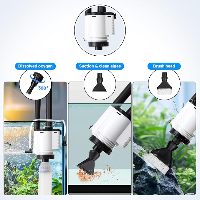 AQQA Electric Aquarium Gravel Cleaner, 8-in-1 Fish Tank Vacuum | Water Changer Sand Washer Algae Brush Turtle Shower Filter, Automatic Cleaning Kit for Freshwater Saltwater, 30W/480GPH