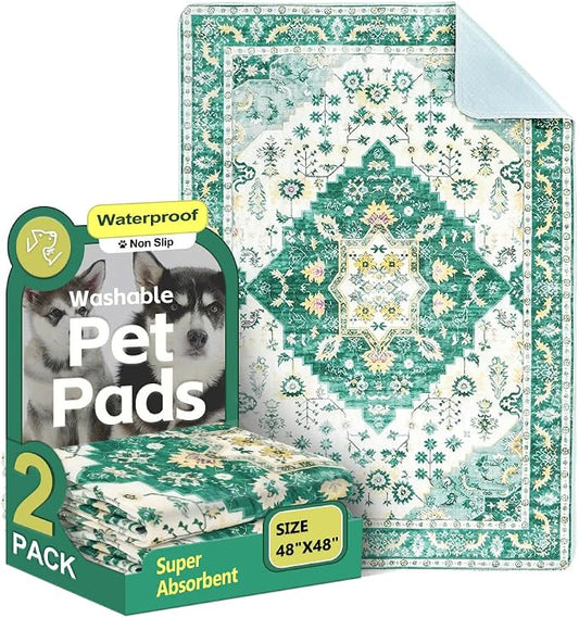Washable Pee Pads for Dogs, 2 Pack Reusable Puppy Training Pads 48"x48" Super Absorbent Waterproof Dog Training Pads, Non-Slip Potty Pads, Whelping Pads Litter Mat Green Medallion