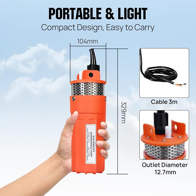 ECO-WORTHY 24V Submersible Deep Well Water Pump with 10ft Cable 1.6GPM 4'' 5A, Max Lift 230ft/70m, DC Pump/Alternative Energy Solar Battery Farm & Ranch Submersible Deep Well Pump