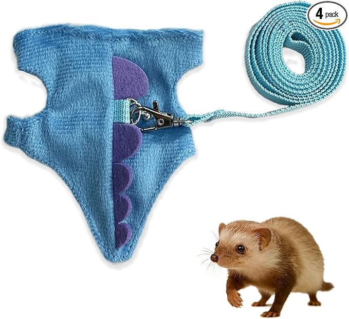 Harness and Leash Set for Small Pets, Dinosaur Shaped Vest Harness, Adjustable Soft Plush Vest with Bell for Guinea Pigs, Ferrets, Hamsters, Hedgehogs - Safe Outdoor Walking Adventure Gear,Blue
