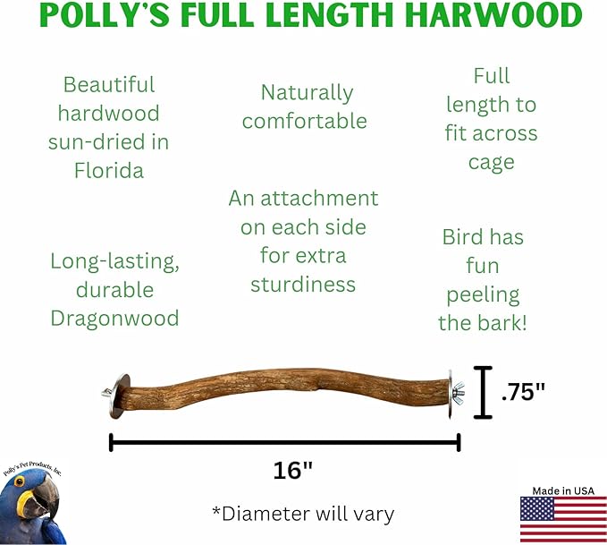 Polly's Full Length Hardwood Cage Perch for Parakeets, Cockatiels, Cockatoos, Macaws, and Other Birds (16")