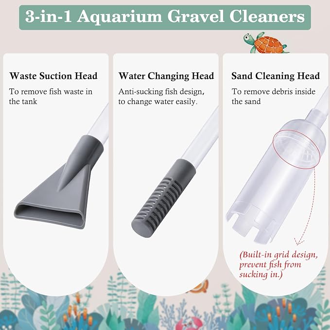 AOZU 3-in-1 Aquarium Vacuum Gravel Cleaner, Adjustable Fish Tank Siphon Cleaner, Aquarium Water Changer and Sand Washer Kit with Hand Siphon Hose & Extension Tube