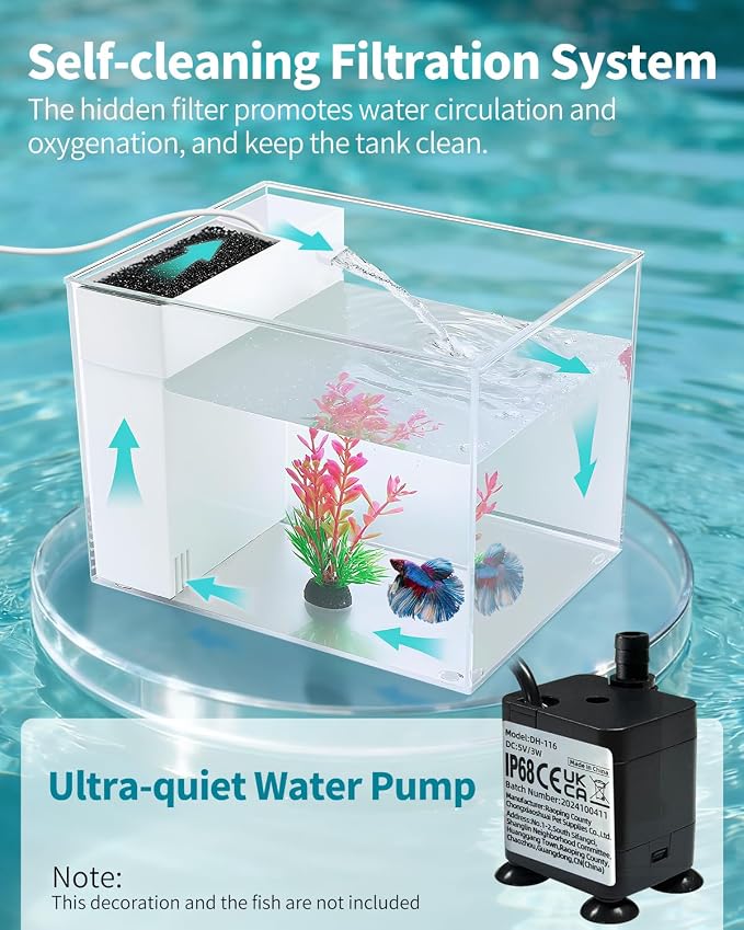 Fish Tank Betta Starter Kit 1 Gallon Desktop Small Aquarium Kit with 10W Heater LED Light and Filter Media & Water Pump– Compact Aquarium for Betta Fish, Small Fish, Shrimp, or Plants