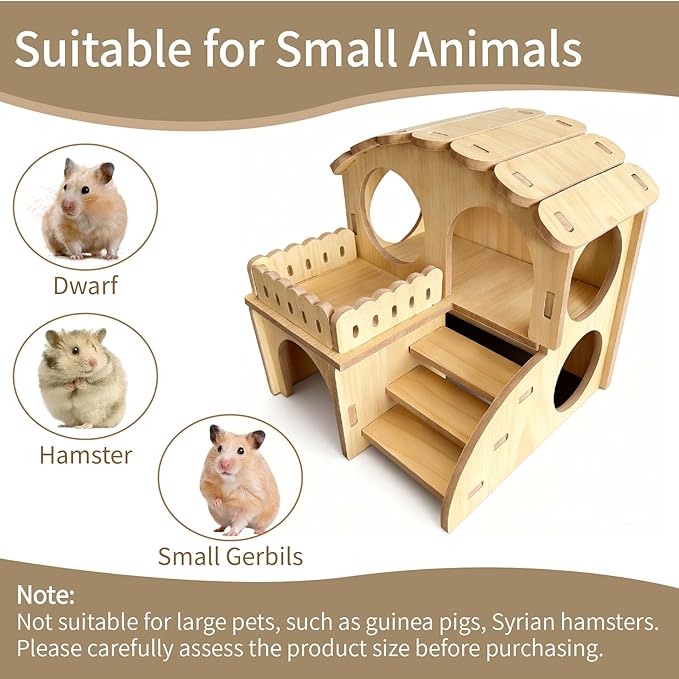Wooden Hamster Hideout - Wood Hamster Hide House with Ladder Platform Small Pet Hut Habitat Detachable Hamsters Maze Cage Accessories for Dwarf Rat Gerbils Mouse and Other Tiny Animals