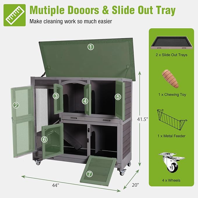 GUTINNEEN Rabbit Hutch Mobile Bunny Cage with Large Wheels, Chewproof Ramp, Leak Proof Trays – Ideal Cage for Rabbits, Guinea Pigs, Indoor/Outdoor Use, 44" L x 20" W x 41.5" H