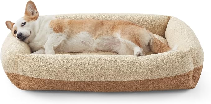FURTIME Washable Dog Bed Medium Size Dogs, Rectangle Comfy Fluffy Small Dog Bed, Removable Zipper Cover Machine Wash, Orthopedic Bed Durable Pet Cuddler with Anti-Slip Bottom, 25x21x7 in, Beige