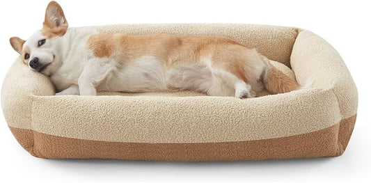 FURTIME Washable Dog Bed Medium Size Dogs, Rectangle Comfy Fluffy Small Dog Bed, Removable Zipper Cover Machine Wash, Orthopedic Bed Durable Pet Cuddler with Anti-Slip Bottom, 25x21x7 in, Beige