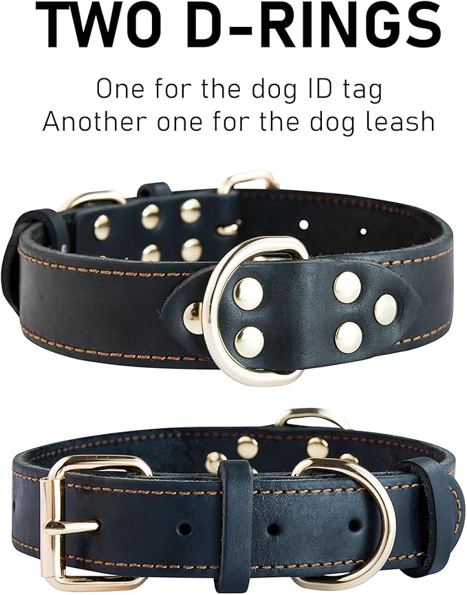 Genuine Leather Dog Collar, Heavy Duty Wide Dog Collar for Small, Medium, Large and Extra Large Dog (XL: 1.4" Wide for 18.6"-25.8" Neck, Single Stitch - Black)