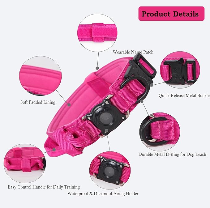 Upgraded AirTag Dog Collar,Waterproof Tactical Dog Collar with AirTag Holder, Control Handle and Metal Buckle,Heavy Duty Dog Collars for Large Dogs (Rose Red，XL