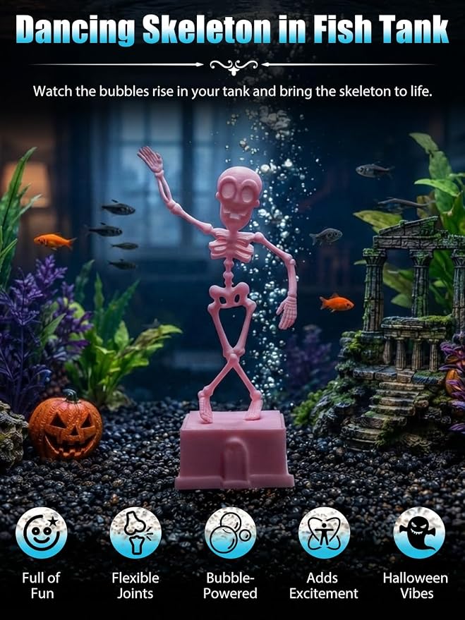 Dancing Skeleton Aquarium Bubbler, Halloween Fish Tank Decor(Pink) | Adjustable airflow with 1m hose & valve. Safe resin, for freshwater/saltwater tanks. Air pump not included.