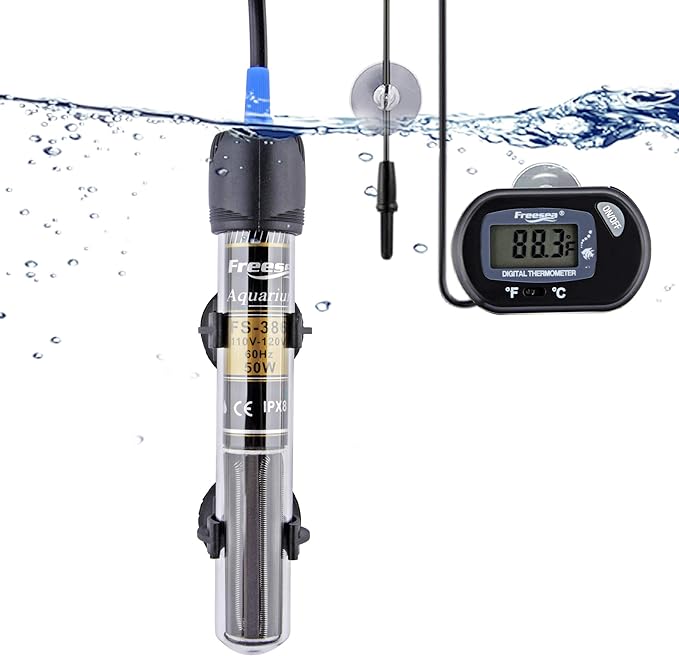 FREESEA 50 Watt Aquarium Submersible Betta Heater with Aquarium Submersible Thermometer | 50W Powered - Stable Temperature Maintain Fish Tanks Warm in Winter - Overheat Protection & Thermometer Included