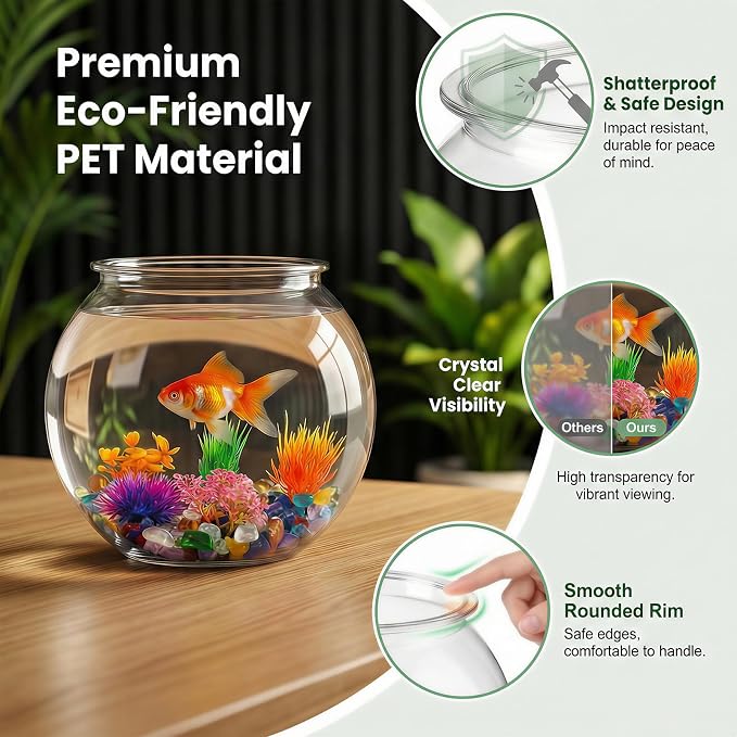 1 Gallon Clear Plastic Fish Bowl Set with 5 Artificial Plants and Stones | Smooth Surfaces Wipe Clean Easily, Rounded Shape Improves Viewing for Simple Home or Desktop Displays