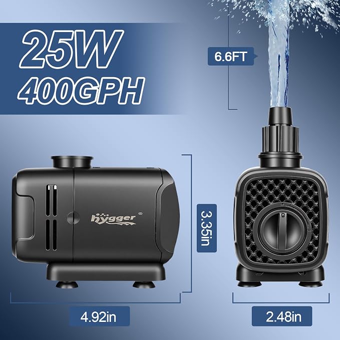hygger 2-in-1 400GPH Submersible Pump 25W,Side and Bottom Suction Fountain Water Pump with 6.6ft High Lift,Quick Water Change with 4 Interchangeable Nozzles for Aquarium, Fish Tank, Hydroponics,Pond