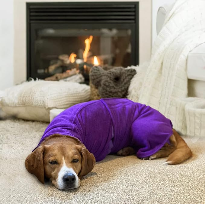 Geyecete Dog Drying Coat - Fast Drying Dog Bathrobe Towel - Microfibre Super Absorbent Pet Cat Bath Robe, Luxuriously Soft Purple XXL