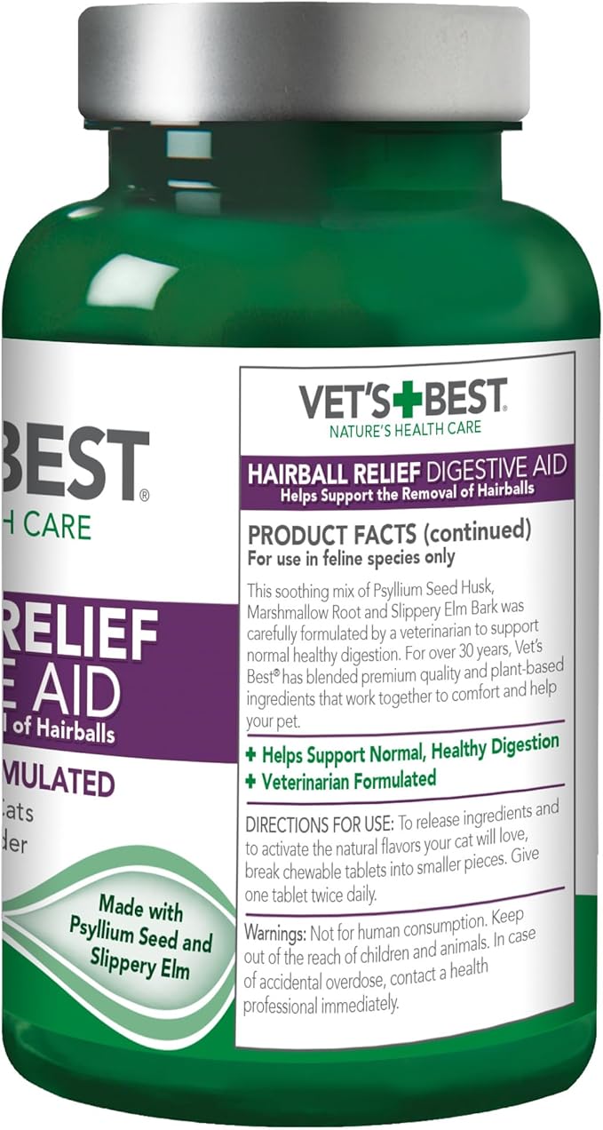Vet’s Best Cat Hairball Relief Digestive Aid, Vet Formulated Hairball Support Remedy, Hairball Relief for Cats, Classic Chicken Flavor, 60 Chewable Tablets (Pack of 12)