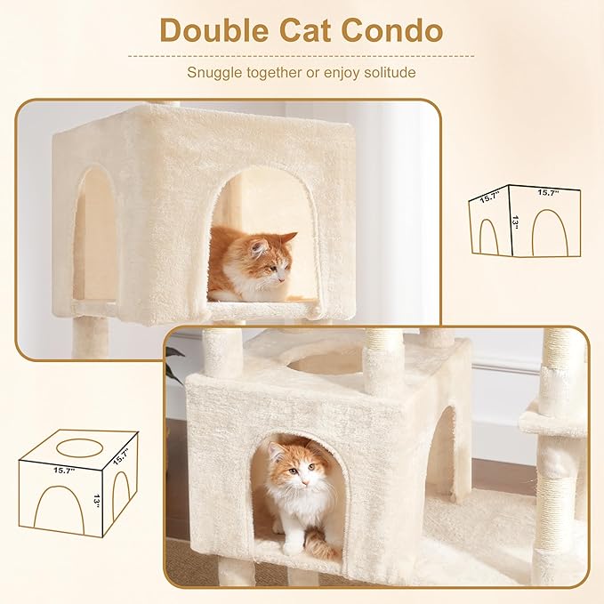 Heybly Cat Tree, 76-Inch Tall Heavy Duty Cat Tower for Big Cats with Extra Wide Baseboard, Multi-Level Large Cat Furniture with 2 Condos & 2 Hammocks, 10 Scratching Posts, Beige HCT039M