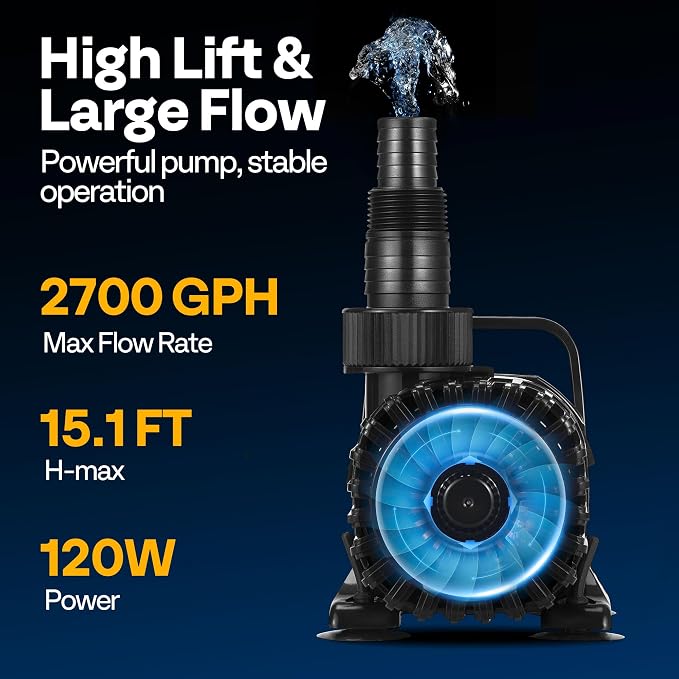 VIVOHOME 120W 2700GPH Submersible Water Pump with Barrier Bag for Koi Pond | 15.1ft Max Lift, 180° Seamless Adjustable Nozzle, 20ft Power Cord, IPX8 Waterproof