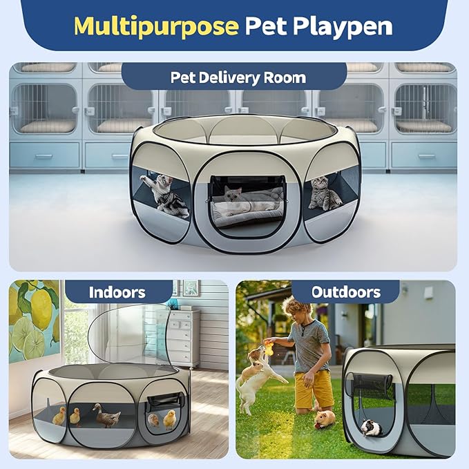 VavoPaw Small Animal Playpen, Chicken Brooder Box with Cover Top, Portable Outdoor Exercise Pet Cage Tent, Waterproof Breathable Pet playpen Indoor for Chick Ktiien Bunny Hamster Guinea Pig,Beige+Gray
