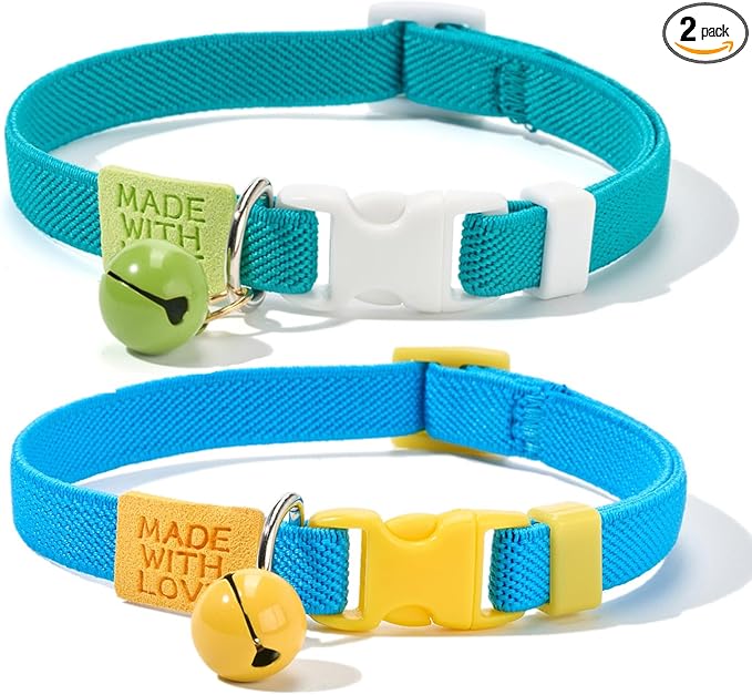 Elastic Cat Collar 2 Pack of Safety Quick Release Cat Collars with Bell Anti-Suffocation Kitten Puppy Collars(Green+Blue)