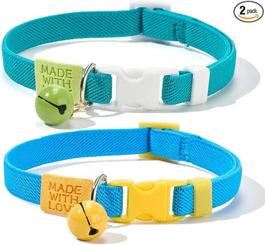 Elastic Cat Collar 2 Pack of Safety Quick Release Cat Collars with Bell Anti-Suffocation Kitten Puppy Collars(Green+Blue)