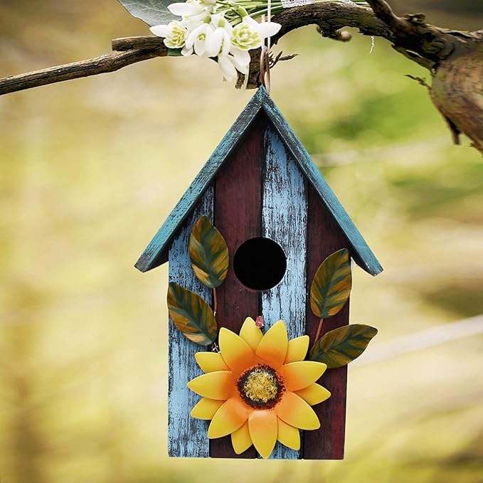 Wood Bird House for Outside, Hanging Decorative Bird House Outdoor Garden Patio Yard Rustic Hand-Painted Bluebird Birdhouse Nesting Box for Finch Wren Sparrow Chickadee