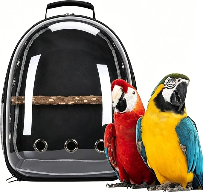 Bird Backpack, Lightweight and Breathable Outdoor Travel Backpack with 12 Breathable Holes, Wooden Pole, Adjustable Shoulder Strap for Birds and Pets (Black)