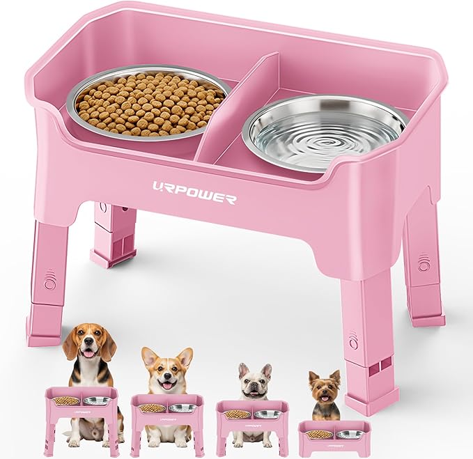 URPOWER Mess Proof Elevated Dog Bowls 4 Height Adjustable Raised Bowl Stand with 2 Stainless Steel Dog Bowls Non-Slip Food and Water Bowl Set for Small and Medium Dogs, Pink