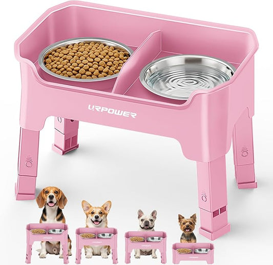 URPOWER Mess Proof Elevated Dog Bowls 4 Height Adjustable Raised Bowl Stand with 2 Stainless Steel Dog Bowls Non-Slip Food and Water Bowl Set for Small and Medium Dogs, Pink
