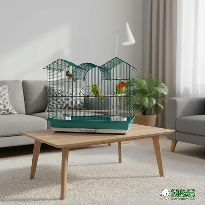 A&E Cage Co AE2614TT SP Blue Triple Top Bird Cage – 26" x 14" x 23" Decorative Small Bird Cage – Includes 2 Feeder Stations, 3 Wood Perches, Slide-Out Tray & Carry Handle (Teal)