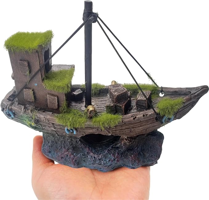 kathson Betta Fish Tank Shipwreck,Aquarium Sunken Ship Decorations Resin Sunken Boat with Cave Hideouts Fish Tank Shipwrecks Decor Saltwater Freshwater Aquarium Ornaments for Hiding Accessories
