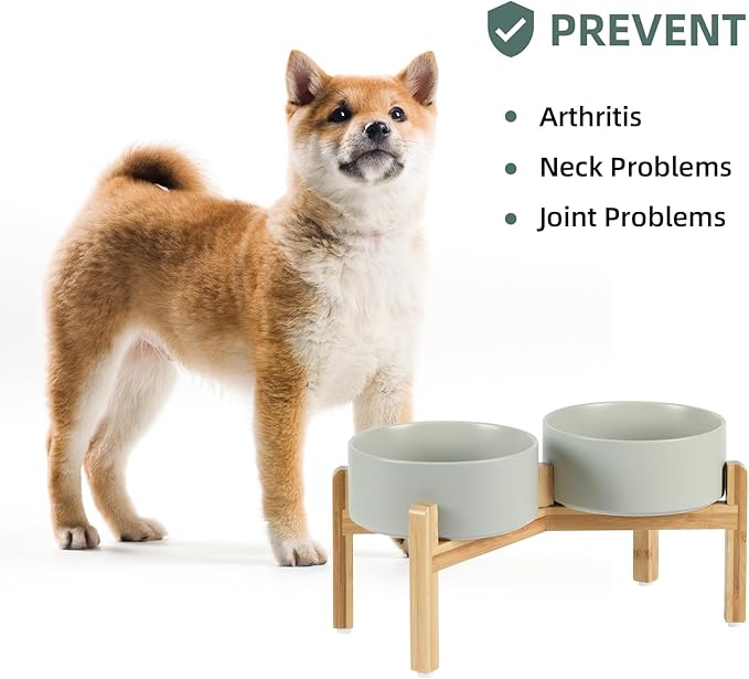 Havniva Ceramic Raised Double Bowls Set with Stand, Food & Water Bowls for Medium Breed Dogs, Weighted Dog Dishes, Pet Bowl(7.3'',41OZ, Grey)