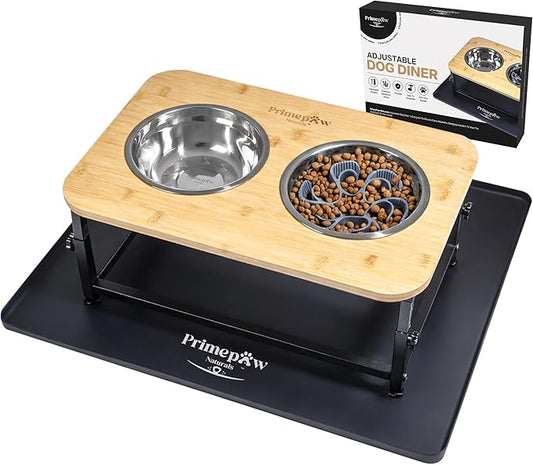 Adjustable Raised Dog Bowls – Elevated Dog Bowl Stand with Bamboo Stand, 2 Stainless Steel Bowls, Slow Feeder Insert & Silicone Mat – Dog Bowls with Stand for Small & Medium Dogs