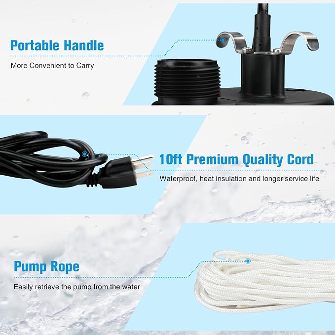 KITLUCK Submersible Water Pump, 1/2HP Thermoplastic Sump Pump, Portable Utility Pump with 10ft Cord, Hose Adapter, 2000GPH High Flow Water Removal for Swimming Pool, Garden Pond, Flood Basement, Tub