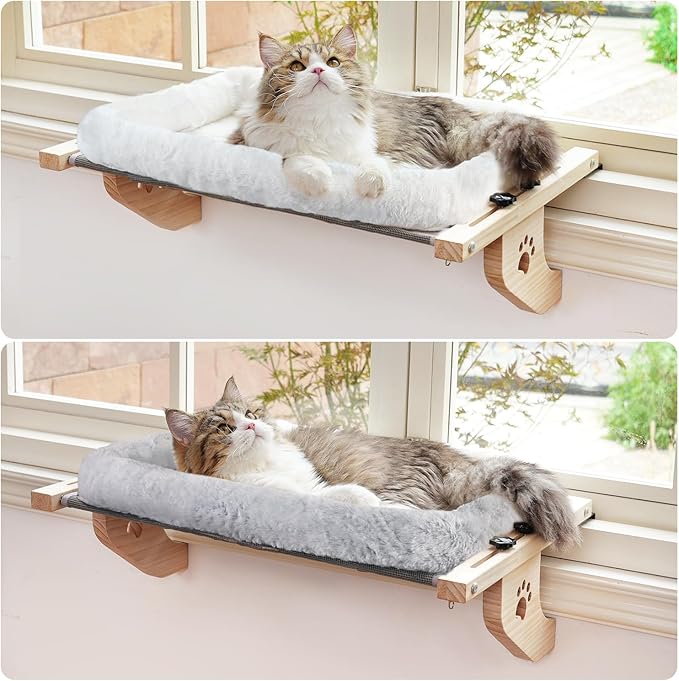 AMOSIJOY Cat Sill Window Perch Sturdy Hammock Window Seat with Cushion Bed Cover, Wood & Metal Frame for Large Cats, Easy to Adjust Cat Bed for Windowsill, Bedside, Drawer and Cabinet(Cushion Bed)