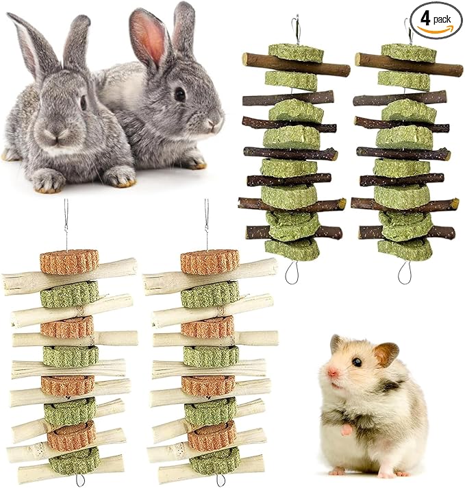 Hamiledyi 4PCS Bunny Chew Toys Rabbit Hanging Toys for Teeth Grinding Natural Apple Wood Sweet Bamboo Sticks Timothy Grass&Carrot Cake for Chewing/Improving Rodent Animals Dental Health