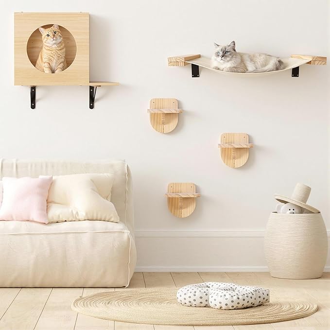 TIMIEEYA Cat Wall Shelves - Stable & Safe 5 in 1 Cat Walls Furniture Set, Wooden Kitten Climbing Wall with 1 Condos House, 1 Hammock & 3 Wall Steps