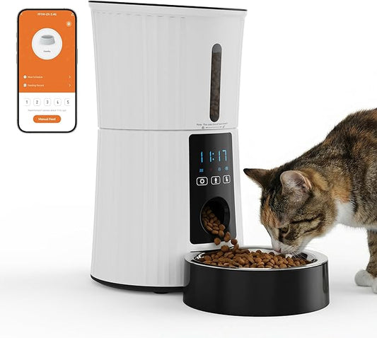DUMOS Automatic Cat Feeder, 4L WiFi Timed Cat Food Dispenser with APP Control, 10s Voice Recorder, Dual Power Supply, Indoor Programmable Pet Feeder with Desiccant for Small Cats and Dogs, White