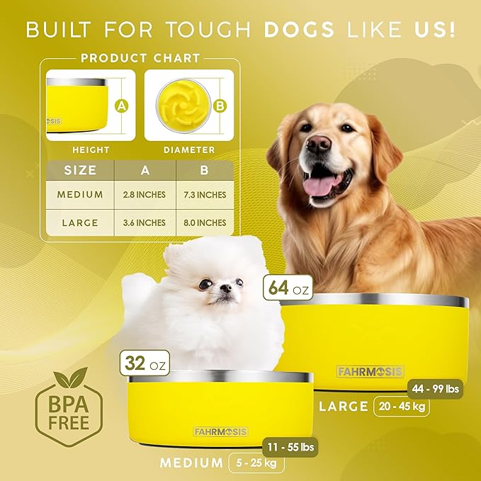 FAHRMOSIS 64 OZ Dog Bowl with Slow Feeder Insert Stainless Steel Pet Water Bowl for Medium & Large Breed Non Slip Rubber Base & Plastic Puzzle Feeder - Yellow