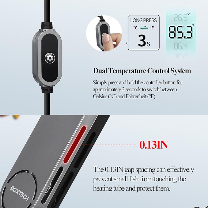 boxtech Small Fish Tank Heater - Mini Aquarium Heater, 50w Submersible Turtle Heater with Adjustable Temperature External Controller for 3 to 12 Gallon Betta Aquarium Tanks