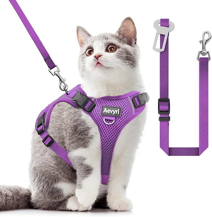 Cat Harness and Leash for Walking, The Upgrade Can be Adjusted in Four Directions and Breathable Cat Harness for Anti Escape that can be Fitted and Positioned, Reflective Strips Harness, Purple, S