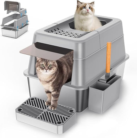 Aphyxen Stainless Steel Litter Box with Lid, XL Extra Large Enclosed Cat Litter Box Fits All Cats Modular Design with Flip Cover, Top Entry Metal High Sided Cat Box & Pedal & Scoop (Grey)