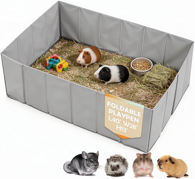 MEEXPAWS Small Animal Playpen, Foldable Guinea Pig Playpen for Indoors or Travel 40" x 28" x 13", Waterproof & No Assembly Portable Guinea Pig Enclosure, Plastic Rat Ferret Play Pen, Grey