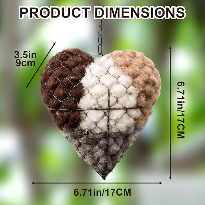 Handmade Fiber Bird Nesting Heart, Refillable Birds Haven 1 Heart Shape Hummingbird Nesting and 2 Bags of Nest Materials, Winter Fowl Gifts Animal Hummingbirds Lovers Home Garden Yard