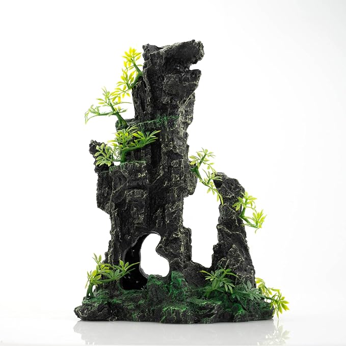 Aquarium Mountain View Stone Ornament, Large Resin Hideout Cave for Betta & Shrimp, Fish Tank Decor Rock Cave with Fish Cave and Hideouts (7.87" x 4.72" x 11.81")