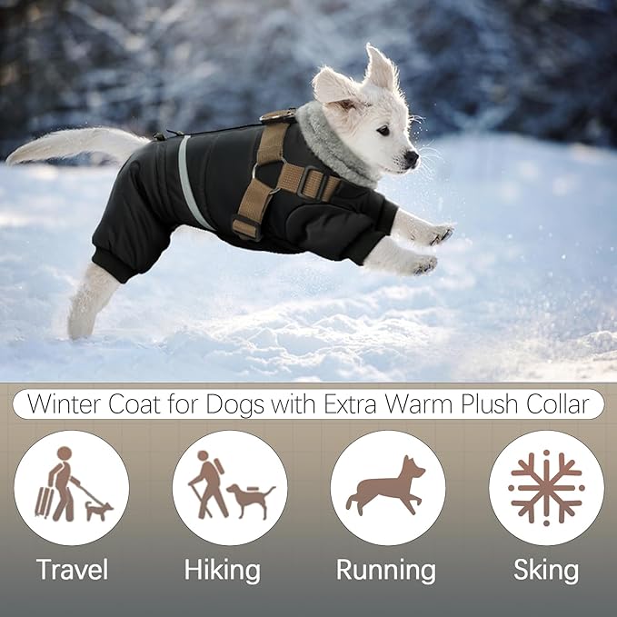BRKURLEG Black Dog Coat with Harness, Dog Winter Jacket, Dogs Onesie Body Warm Jackets, Small Dogs Winter Coats Reflective Windproof Warm Cold Weather Coats, Pet Waterproof Jacket Hiking L