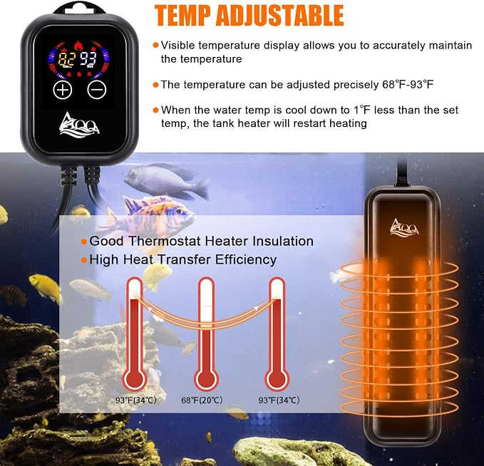 AQQA Aquarium Heater 500W for 66-135 Gallon Fish Tank Heater Quartz Glass Submersible Betta Fish Heater for Aquarium Thermostat Heater for Freshwater and Saltwater (500W for 66-135 Gal)